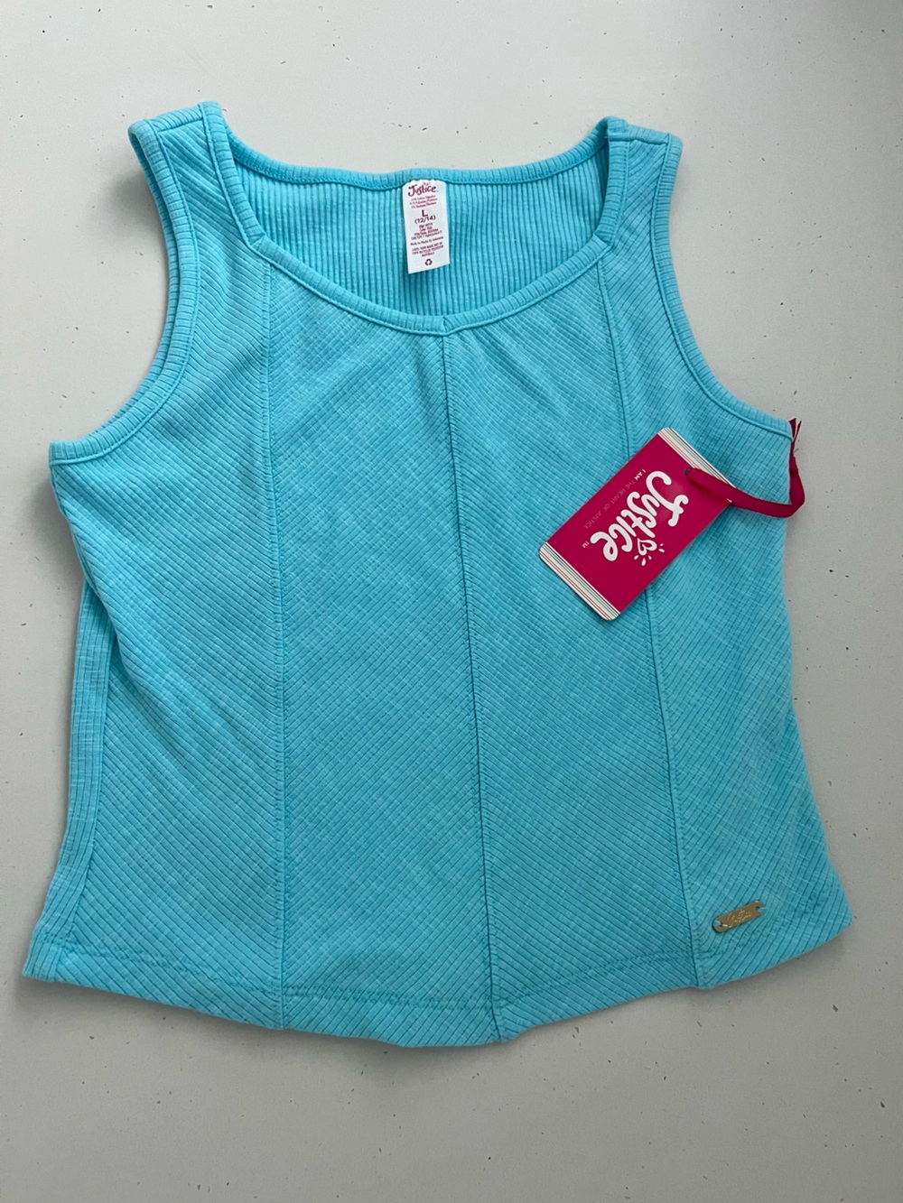 NWT Justice Girls Tank Top Size 12-14 Turquoise Blue Ribbed Sleeveless Top